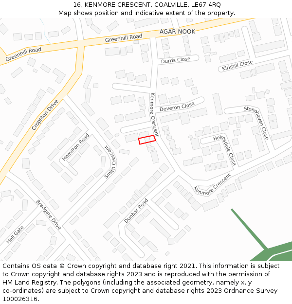 16, KENMORE CRESCENT, COALVILLE, LE67 4RQ: Location map and indicative extent of plot