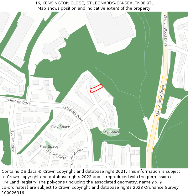 16, KENSINGTON CLOSE, ST LEONARDS-ON-SEA, TN38 9TL: Location map and indicative extent of plot