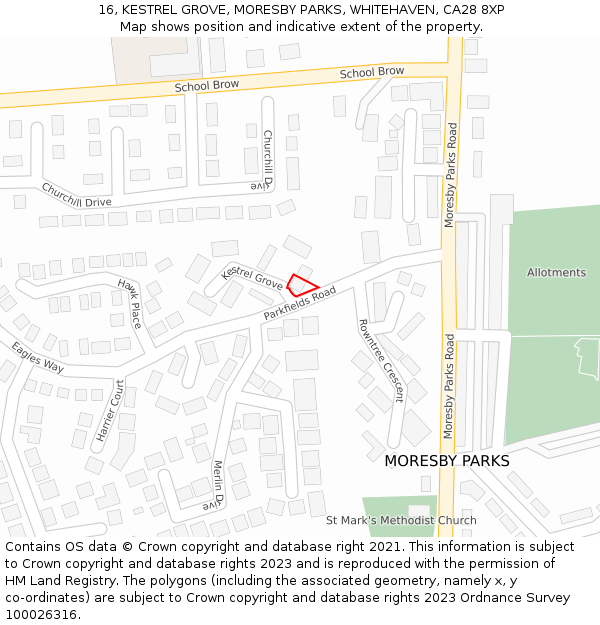 16, KESTREL GROVE, MORESBY PARKS, WHITEHAVEN, CA28 8XP: Location map and indicative extent of plot