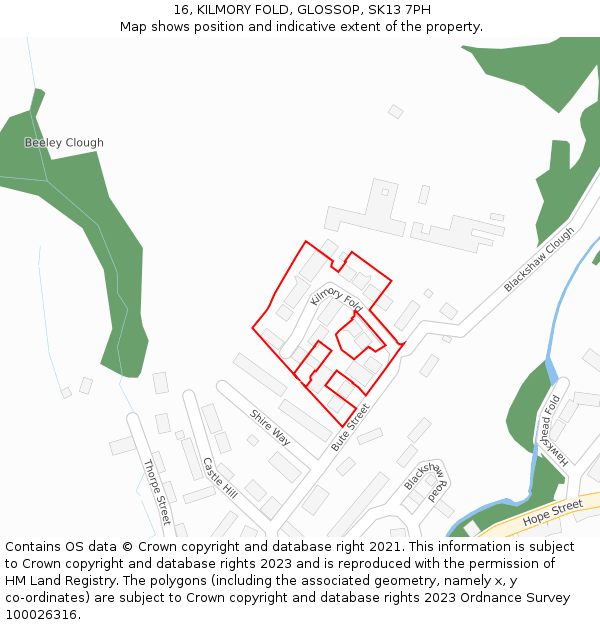 16, KILMORY FOLD, GLOSSOP, SK13 7PH: Location map and indicative extent of plot