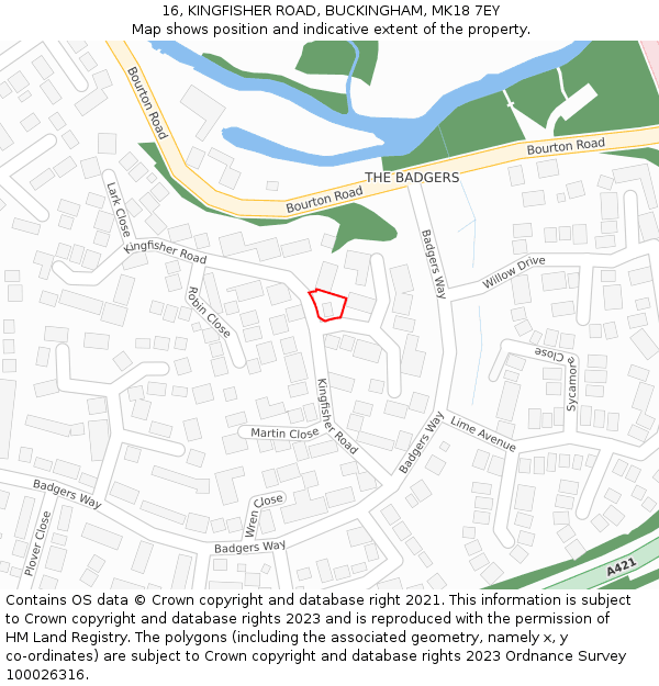 16, KINGFISHER ROAD, BUCKINGHAM, MK18 7EY: Location map and indicative extent of plot