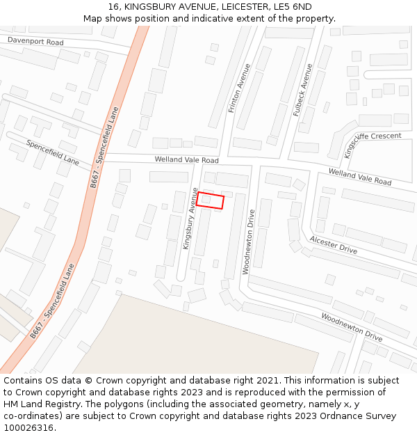 16, KINGSBURY AVENUE, LEICESTER, LE5 6ND: Location map and indicative extent of plot