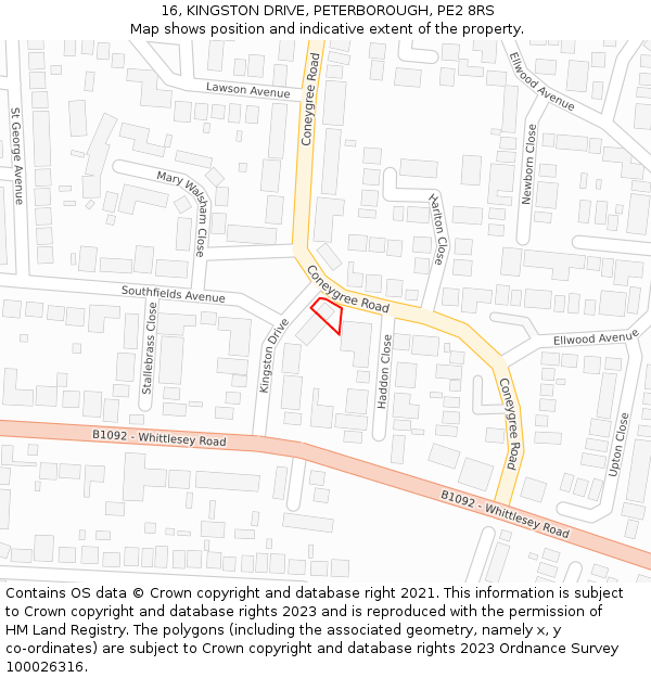 16, KINGSTON DRIVE, PETERBOROUGH, PE2 8RS: Location map and indicative extent of plot