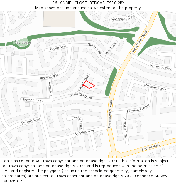 16, KINMEL CLOSE, REDCAR, TS10 2RY: Location map and indicative extent of plot