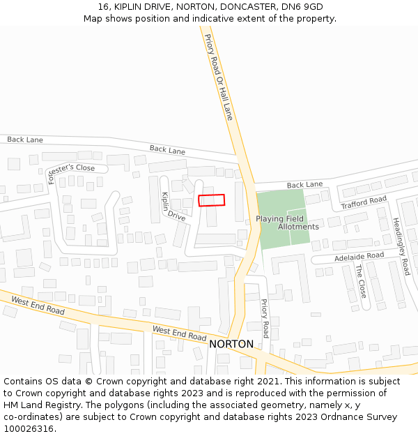 16, KIPLIN DRIVE, NORTON, DONCASTER, DN6 9GD: Location map and indicative extent of plot