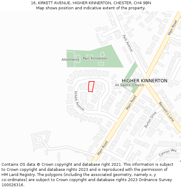 16, KIRKETT AVENUE, HIGHER KINNERTON, CHESTER, CH4 9BN: Location map and indicative extent of plot