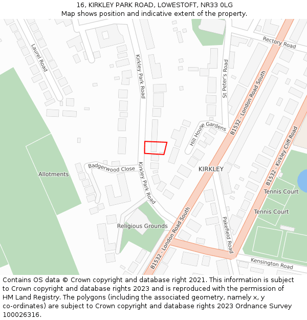 16, KIRKLEY PARK ROAD, LOWESTOFT, NR33 0LG: Location map and indicative extent of plot