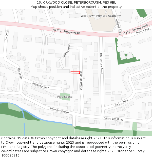 16, KIRKWOOD CLOSE, PETERBOROUGH, PE3 6BL: Location map and indicative extent of plot