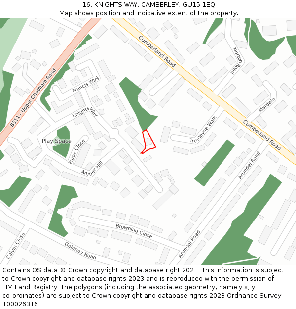 16, KNIGHTS WAY, CAMBERLEY, GU15 1EQ: Location map and indicative extent of plot