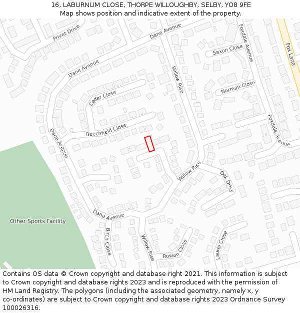 16, LABURNUM CLOSE, THORPE WILLOUGHBY, SELBY, YO8 9FE: Location map and indicative extent of plot