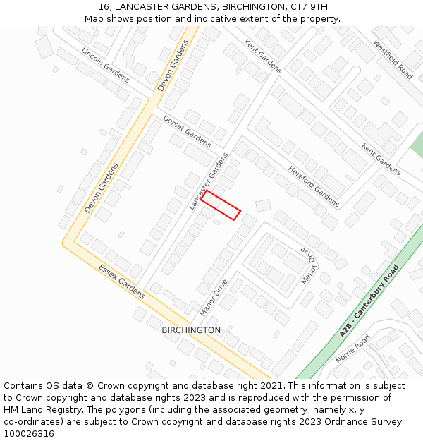 16, LANCASTER GARDENS, BIRCHINGTON, CT7 9TH: Location map and indicative extent of plot