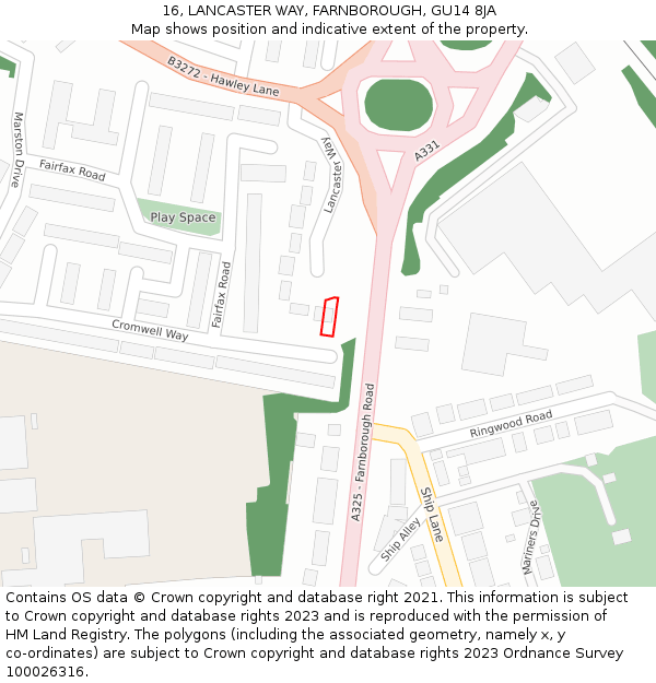 16, LANCASTER WAY, FARNBOROUGH, GU14 8JA: Location map and indicative extent of plot