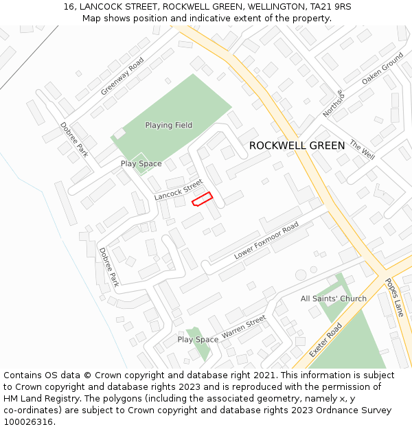 16, LANCOCK STREET, ROCKWELL GREEN, WELLINGTON, TA21 9RS: Location map and indicative extent of plot