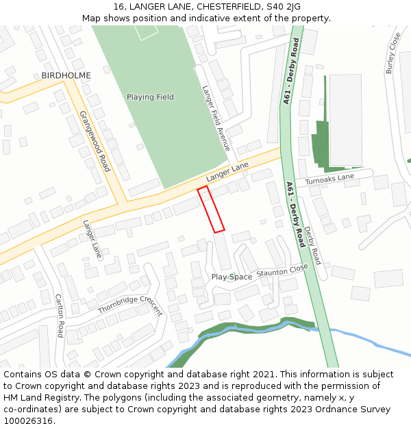 16, LANGER LANE, CHESTERFIELD, S40 2JG: Location map and indicative extent of plot