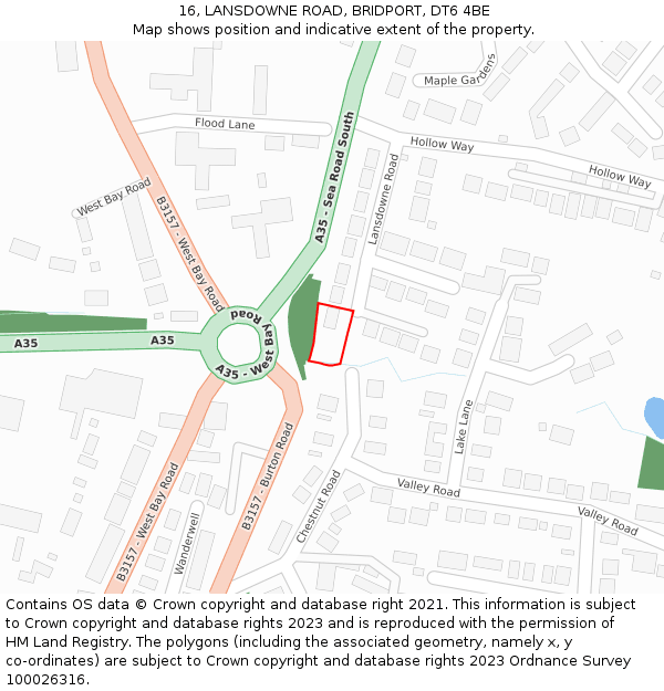 16, LANSDOWNE ROAD, BRIDPORT, DT6 4BE: Location map and indicative extent of plot