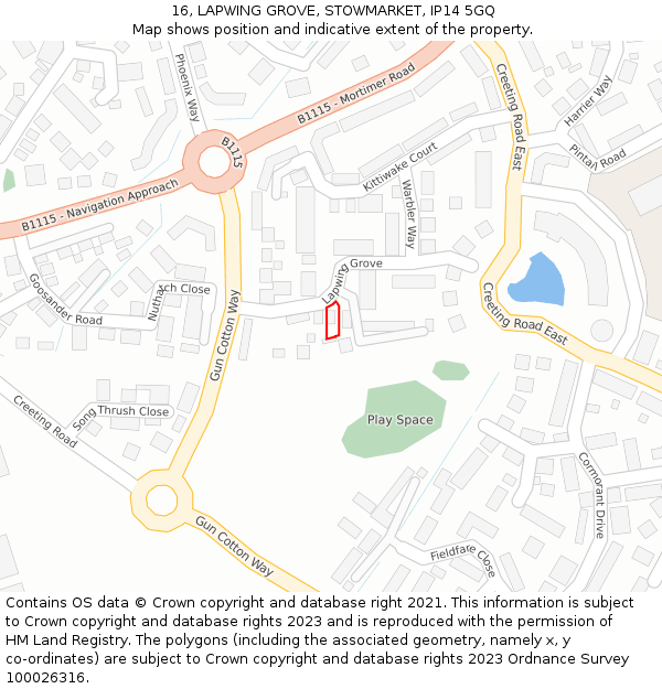 16, LAPWING GROVE, STOWMARKET, IP14 5GQ: Location map and indicative extent of plot