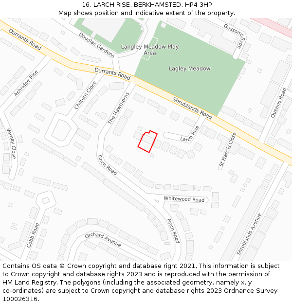 16, LARCH RISE, BERKHAMSTED, HP4 3HP: Location map and indicative extent of plot