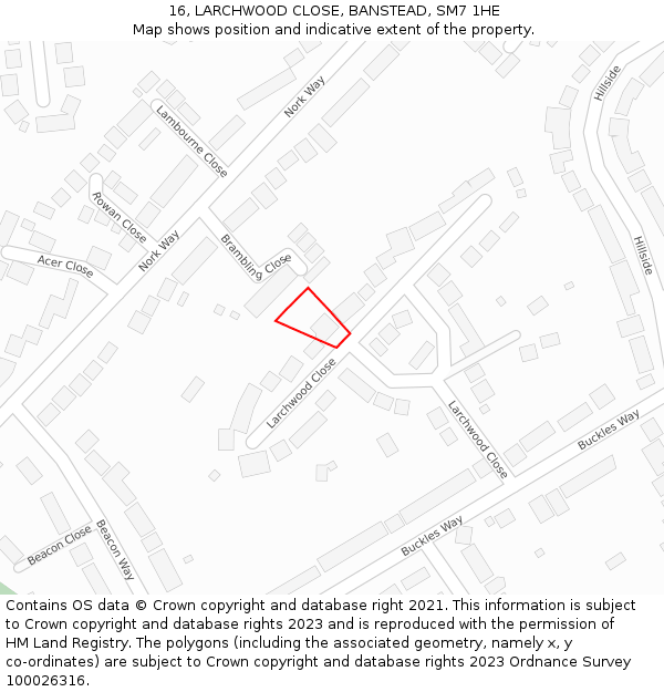 16, LARCHWOOD CLOSE, BANSTEAD, SM7 1HE: Location map and indicative extent of plot