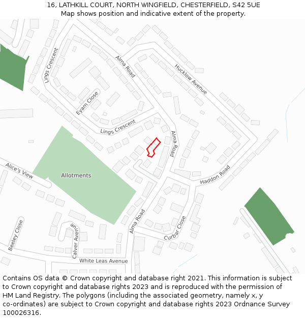 16, LATHKILL COURT, NORTH WINGFIELD, CHESTERFIELD, S42 5UE: Location map and indicative extent of plot