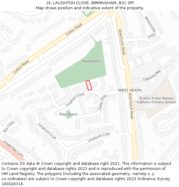 16, LAUGHTON CLOSE, BIRMINGHAM, B31 3PF: Location map and indicative extent of plot