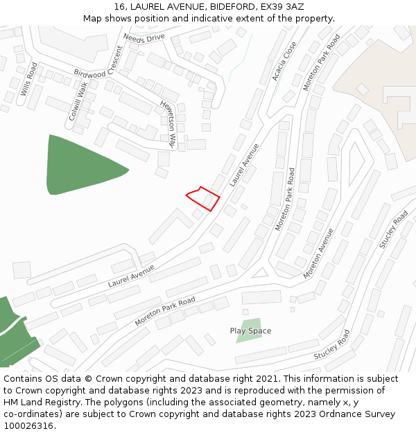 16, LAUREL AVENUE, BIDEFORD, EX39 3AZ: Location map and indicative extent of plot