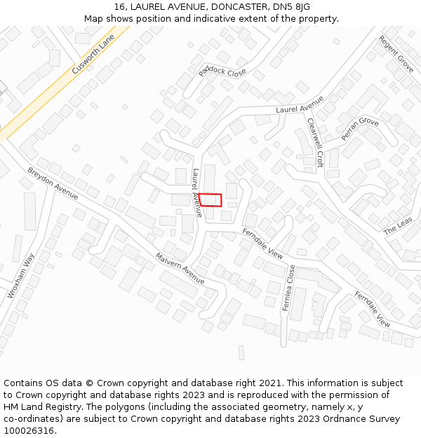 16, LAUREL AVENUE, DONCASTER, DN5 8JG: Location map and indicative extent of plot