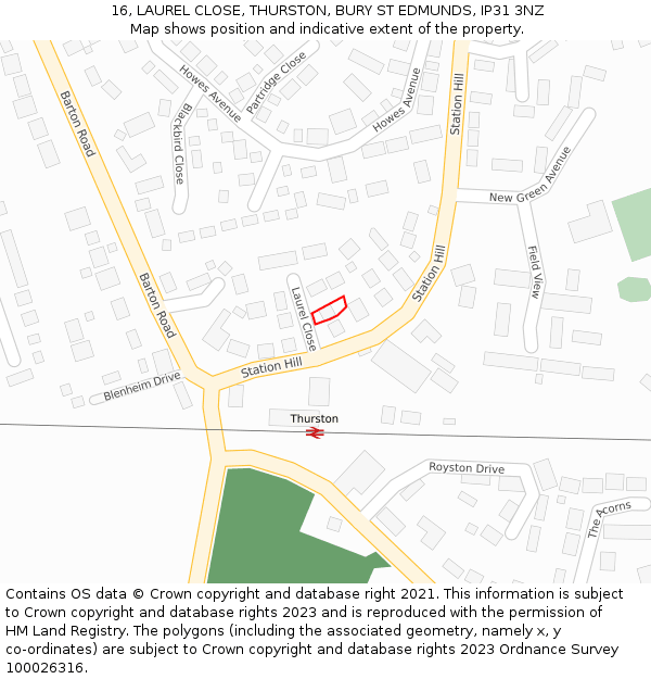 16, LAUREL CLOSE, THURSTON, BURY ST EDMUNDS, IP31 3NZ: Location map and indicative extent of plot