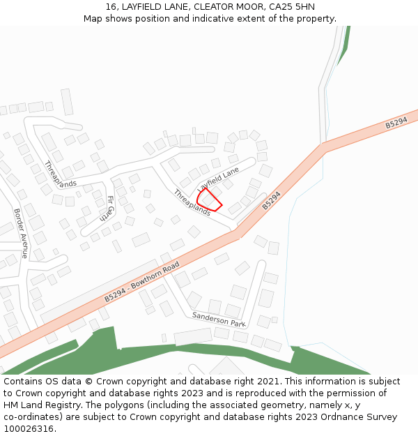 16, LAYFIELD LANE, CLEATOR MOOR, CA25 5HN: Location map and indicative extent of plot