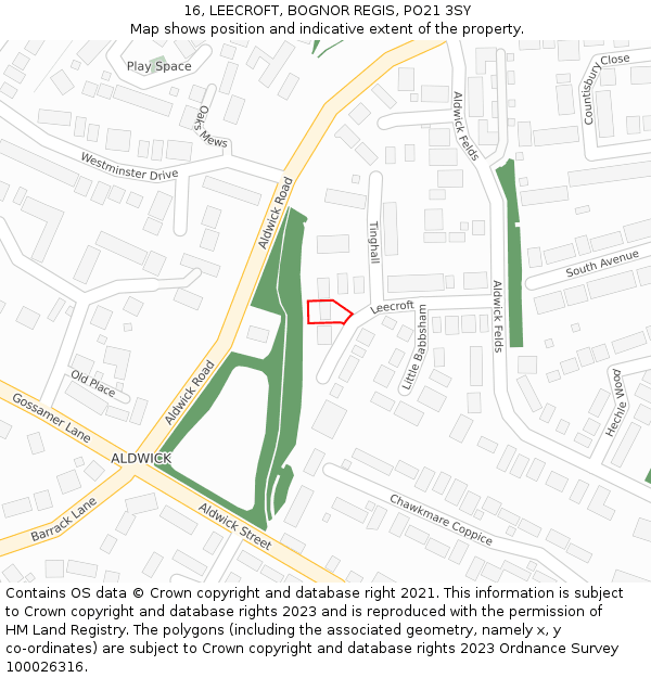 16, LEECROFT, BOGNOR REGIS, PO21 3SY: Location map and indicative extent of plot