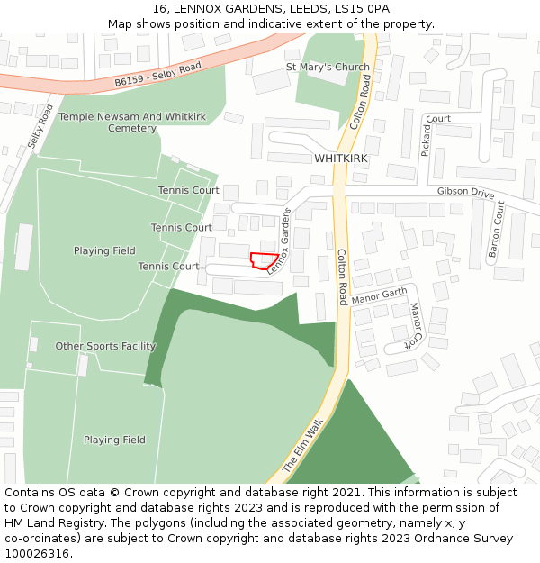 16, LENNOX GARDENS, LEEDS, LS15 0PA: Location map and indicative extent of plot