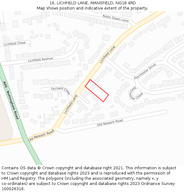 16, LICHFIELD LANE, MANSFIELD, NG18 4RD: Location map and indicative extent of plot