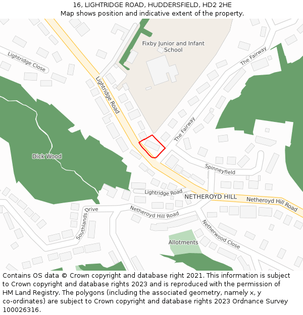 16, LIGHTRIDGE ROAD, HUDDERSFIELD, HD2 2HE: Location map and indicative extent of plot