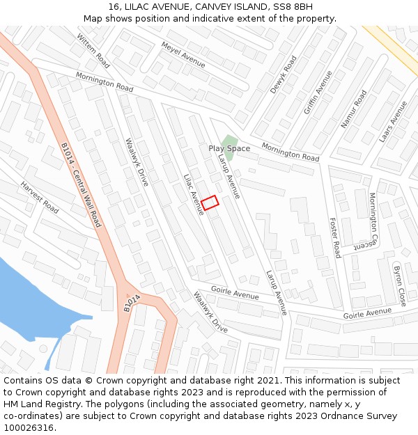 16, LILAC AVENUE, CANVEY ISLAND, SS8 8BH: Location map and indicative extent of plot