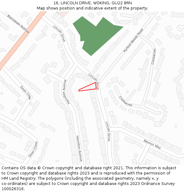 16, LINCOLN DRIVE, WOKING, GU22 8RN: Location map and indicative extent of plot