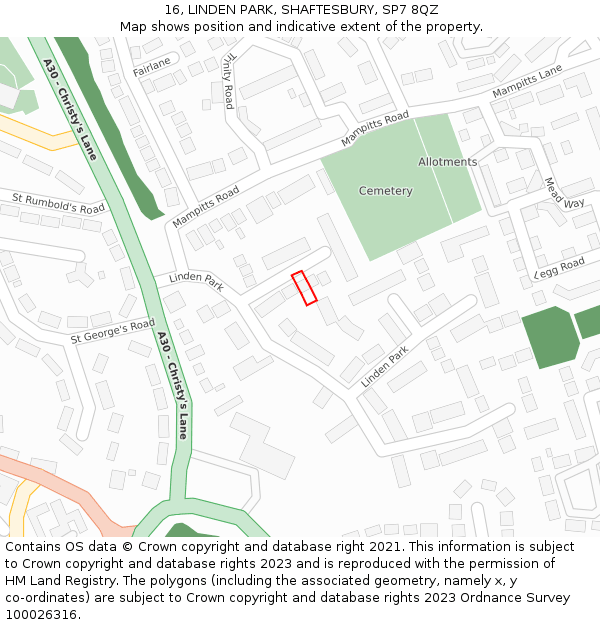 16, LINDEN PARK, SHAFTESBURY, SP7 8QZ: Location map and indicative extent of plot