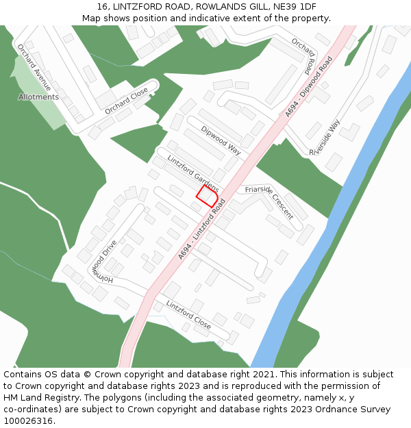 16, LINTZFORD ROAD, ROWLANDS GILL, NE39 1DF: Location map and indicative extent of plot