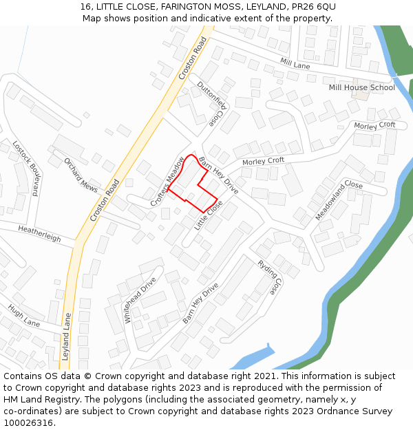 16, LITTLE CLOSE, FARINGTON MOSS, LEYLAND, PR26 6QU: Location map and indicative extent of plot