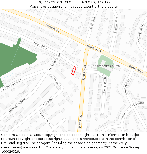 16, LIVINGSTONE CLOSE, BRADFORD, BD2 1PZ: Location map and indicative extent of plot
