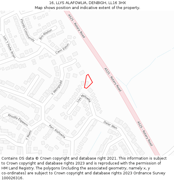 16, LLYS ALAFOWLIA, DENBIGH, LL16 3HX: Location map and indicative extent of plot