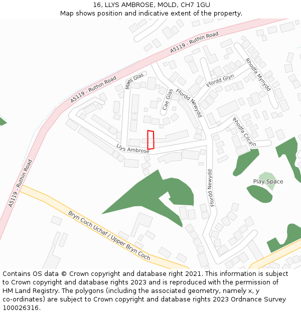 16, LLYS AMBROSE, MOLD, CH7 1GU: Location map and indicative extent of plot