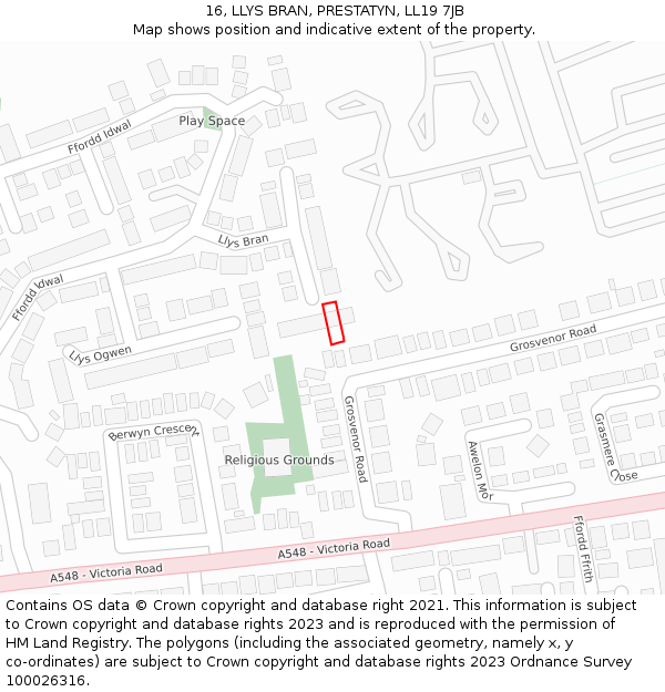 16, LLYS BRAN, PRESTATYN, LL19 7JB: Location map and indicative extent of plot
