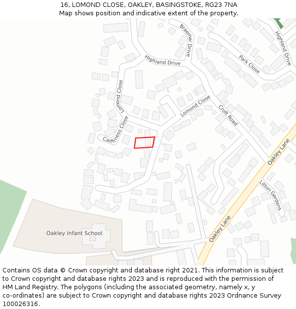 16, LOMOND CLOSE, OAKLEY, BASINGSTOKE, RG23 7NA: Location map and indicative extent of plot