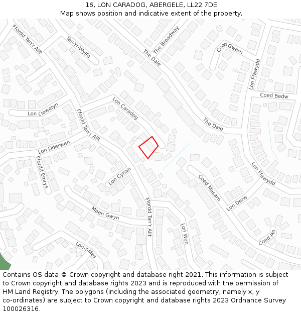 16, LON CARADOG, ABERGELE, LL22 7DE: Location map and indicative extent of plot