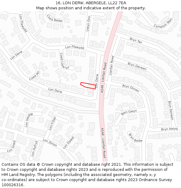 16, LON DERW, ABERGELE, LL22 7EA: Location map and indicative extent of plot