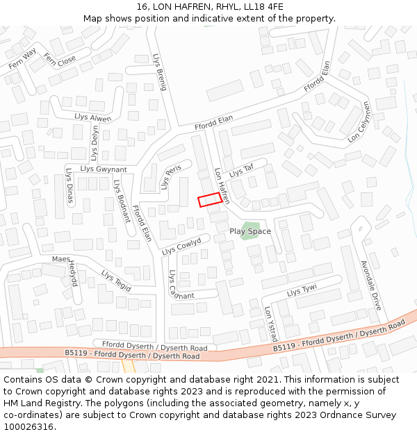 16, LON HAFREN, RHYL, LL18 4FE: Location map and indicative extent of plot