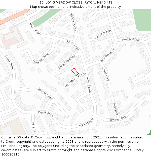 16, LONG MEADOW CLOSE, RYTON, NE40 4TE: Location map and indicative extent of plot