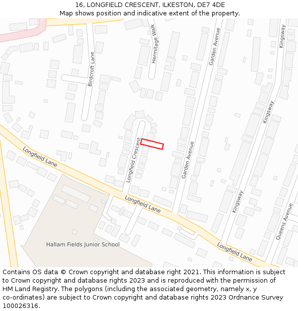 16, LONGFIELD CRESCENT, ILKESTON, DE7 4DE: Location map and indicative extent of plot