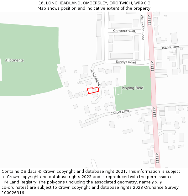 16, LONGHEADLAND, OMBERSLEY, DROITWICH, WR9 0JB: Location map and indicative extent of plot