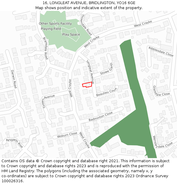16, LONGLEAT AVENUE, BRIDLINGTON, YO16 6GE: Location map and indicative extent of plot