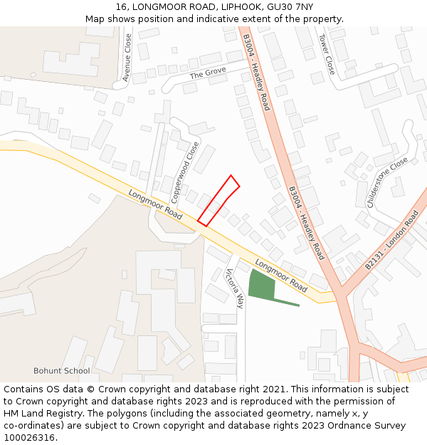 16, LONGMOOR ROAD, LIPHOOK, GU30 7NY: Location map and indicative extent of plot